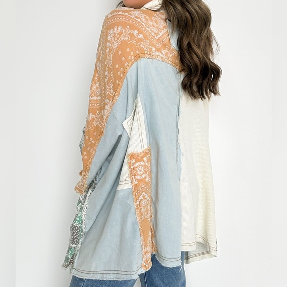 POL Boho Mixed Print Patchwork Denim Button-Up Shirt L - Picture 5 of 13